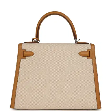 HERMÈS Pre-owned Hermes Kelly Sellier 28 Beige & Ecru Toile H Canvas and Sesame Swift Palladium Hardware | Thumbnail 4