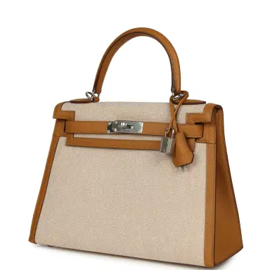 HERMÈS Pre-owned Hermes Kelly Sellier 28 Beige & Ecru Toile H Canvas and Sesame Swift Palladium Hardware | Thumbnail 5