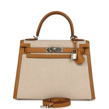 HERMÈS Pre-owned Hermes Kelly Sellier 28 Beige & Ecru Toile H Canvas and Sesame Swift Palladium Hardware | Thumbnail 1