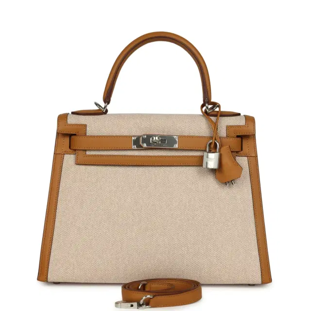 hermes Pre-owned Hermes Kelly Sellier 28 Beige & Ecru Toile H Canvas and Sesame Swift Palladium Hardware
