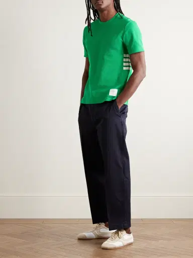 Thom Browne Logo-Appliquéd Striped Cotton-Piqué T-Shirt - Men | Thumbnail 2 Thom Browne Logo-Appliquéd Striped Cotton-Piqué T-Shirt - Men | Thumbnail 2