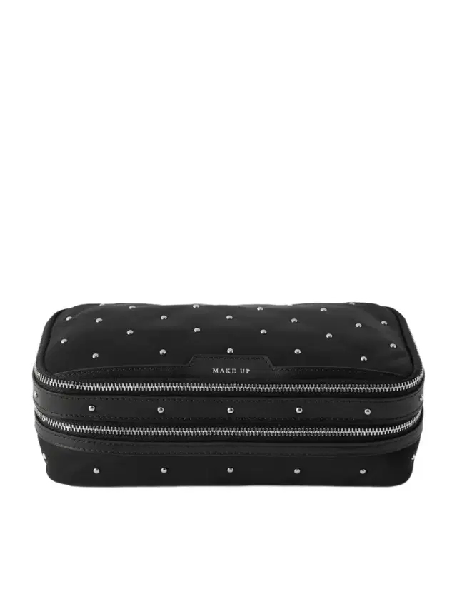 Large Studded Leather-trimmed Recycled-satin Cosmetics Case