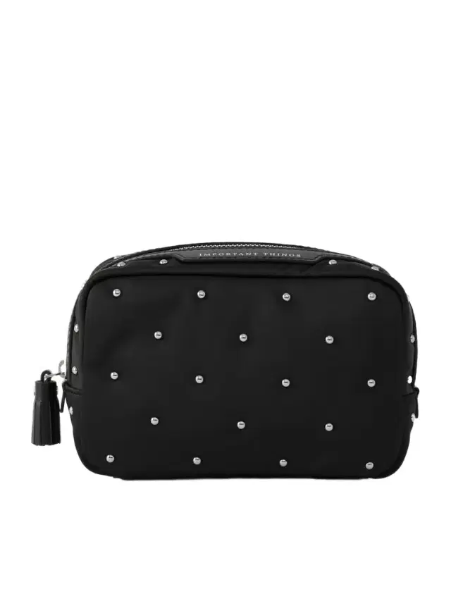 Important Things Studded Leather-trimmed Recycled Satin Cosmetics Case