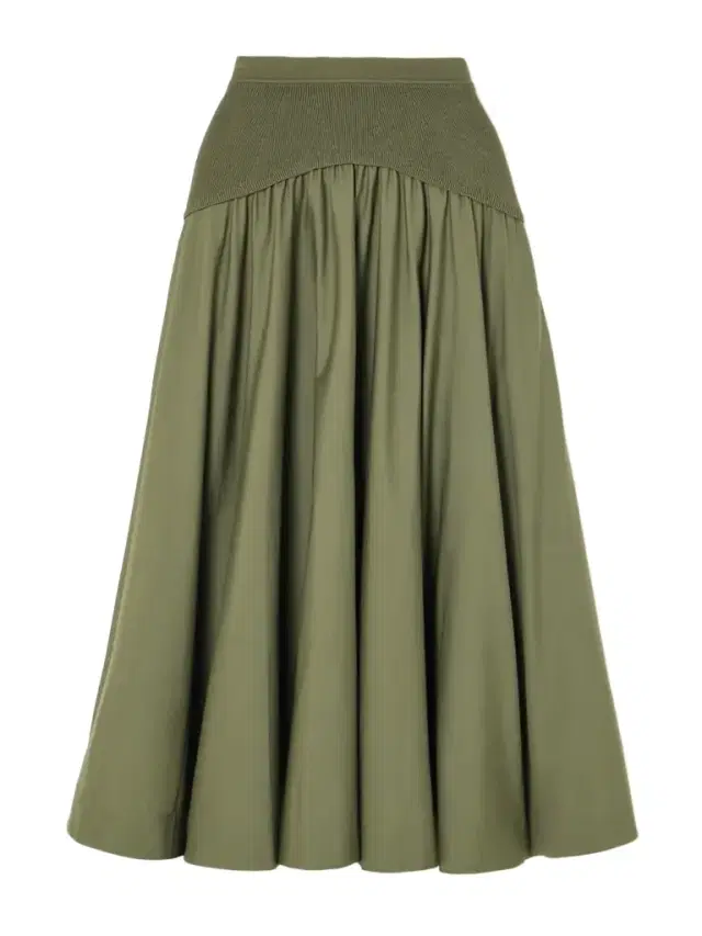 Simkhai Ovie Pleated Ribbed-knit Trimmed Cotton-poplin Midi Skirt