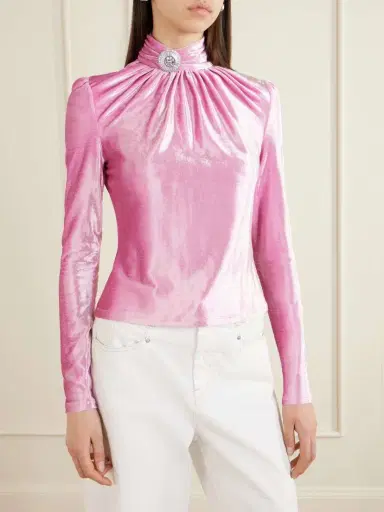 Rabanne Crystal-embellished Gathered Velvet Turtleneck Blouse | Thumbnail 3