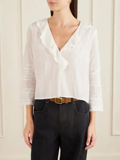DÔEN Huguette Ruffled Pleated Lace-trimmed Organic Cotton Blouse | Thumbnail 3 DÔEN Huguette Ruffled Pleated Lace-trimmed Organic Cotton Blouse | Thumbnail 3