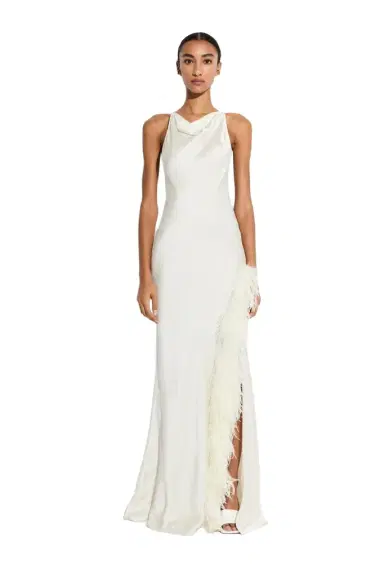 Lapointe Satin Halter Gown With Feathers | Thumbnail 1