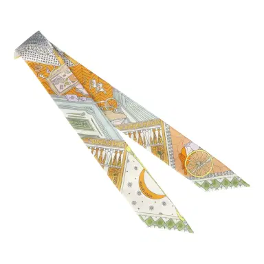 HERMÈS Hermes "Objets De Curiosite" Gris Bleute, Miel Multi Silk Twilly Pair | Thumbnail 2