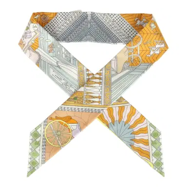 HERMÈS Hermes "Objets De Curiosite" Gris Bleute, Miel Multi Silk Twilly Pair | Thumbnail 1