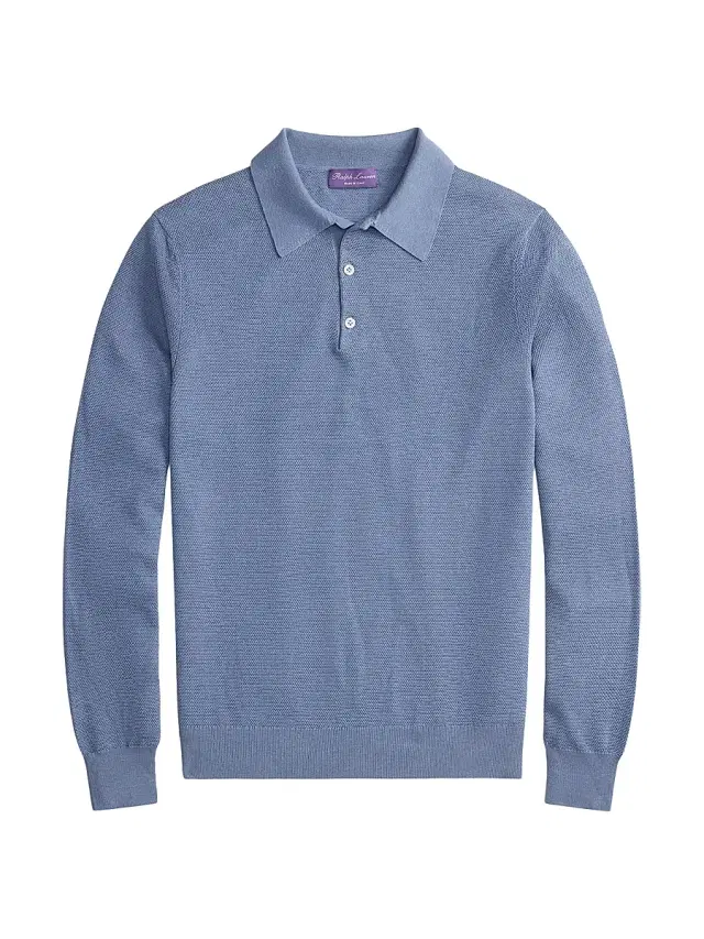 Ralph Lauren Purple Label Men's Polo-Collar Silk-Cotton Sweater - Soft Blue