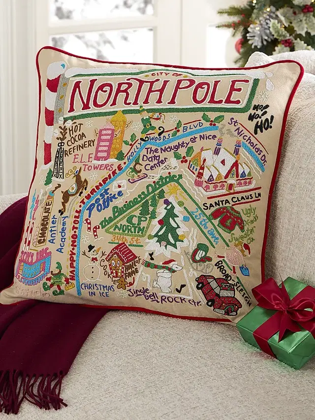 Cat Studio North Pole City Embroidered Pillow