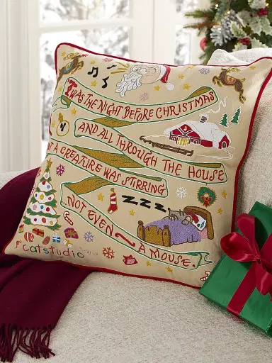 Catstudio Night Before Christmas Hand-Embroidered Cotton Pillow | Thumbnail 1