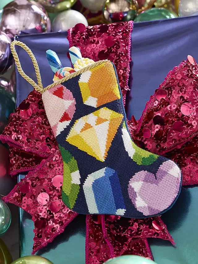 Cool Yule Jewel Needlepoint Mini Stocking Ornament