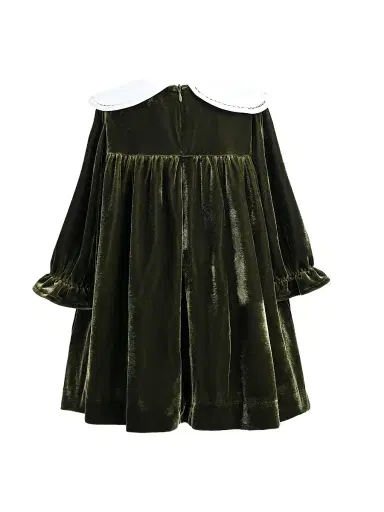 Tulleen Little Girl's Petal Velvet Dress - Olive 36 Months | Thumbnail 2