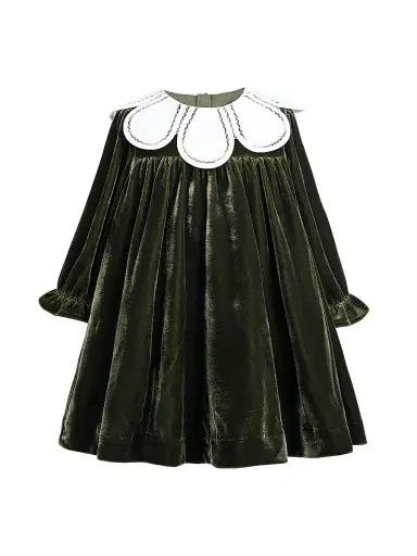 Tulleen Little Girl's Petal Velvet Dress - Olive 36 Months | Thumbnail 1