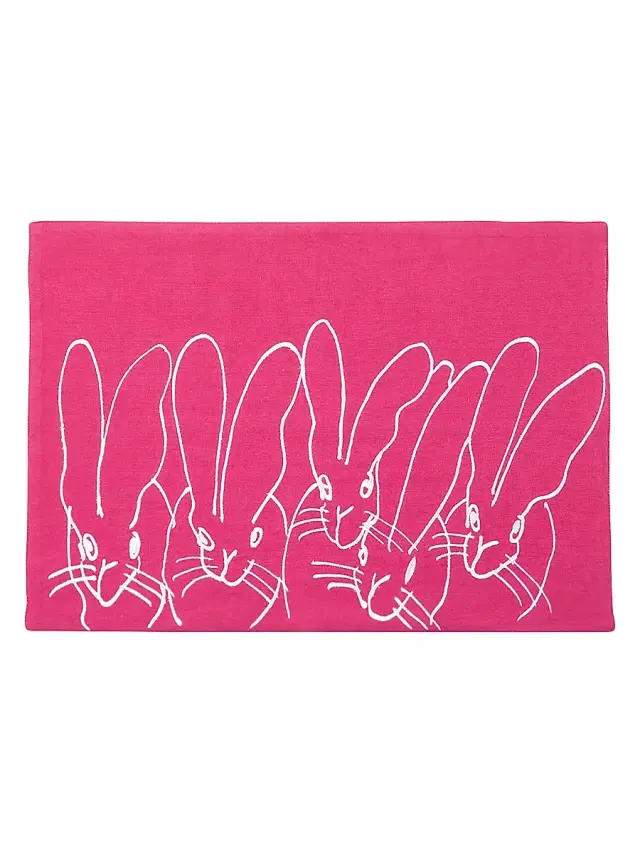 Hunt Slonem Band of Bunnies Embroidered Linen Placemat - Pink