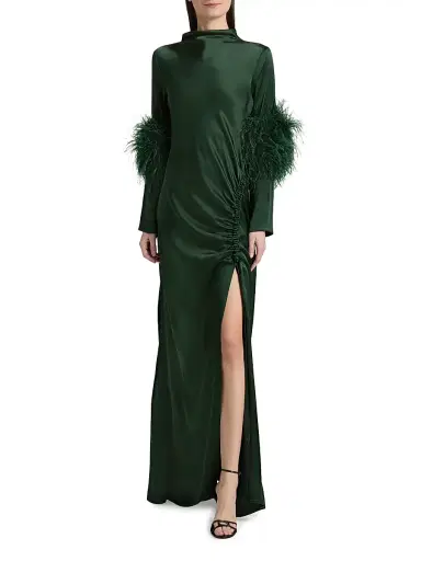 Lapointe Women's Double-Faced Satin Feather-Trimmed Gown - Forest Green - Size 8 | Thumbnail 3 Lapointe Women's Double-Faced Satin Feather-Trimmed Gown - Forest Green - Size 8 | Thumbnail 3