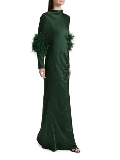 Lapointe Women's Double-Faced Satin Feather-Trimmed Gown - Forest Green - Size 8 | Thumbnail 4 Lapointe Women's Double-Faced Satin Feather-Trimmed Gown - Forest Green - Size 8 | Thumbnail 4