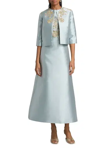 Reem Acra Women's Embroidered Piqué Jacket - Powder Blue Gold - Size 4 | Thumbnail 2