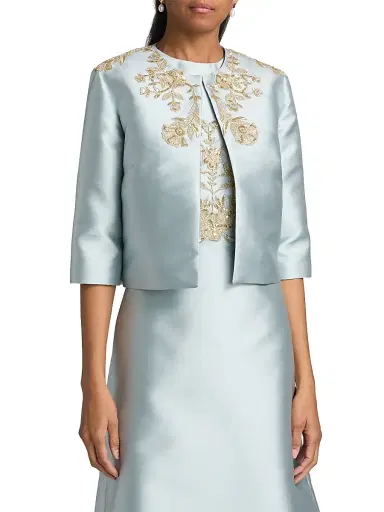 Reem Acra Women's Embroidered Piqué Jacket - Powder Blue Gold - Size 4 | Thumbnail 3