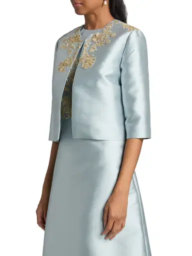 Reem Acra Women's Embroidered Piqué Jacket - Powder Blue Gold - Size 4 | Thumbnail 4