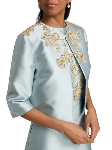 Reem Acra Women's Embroidered Piqué Jacket - Powder Blue Gold - Size 4 | Thumbnail 6