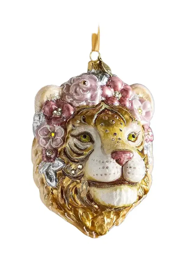 Jay Strongwater Metallic Tiger With Flower Crown Ornament