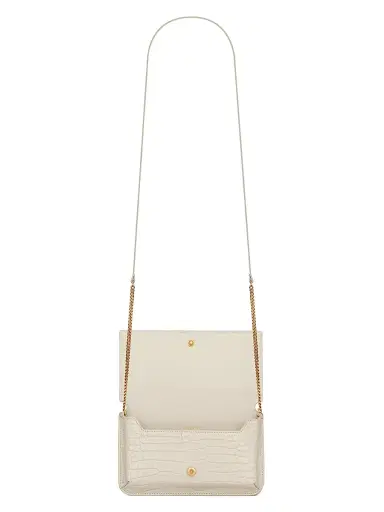 Saint Laurent Women's Cassandre Phone Holder in Shiny Crocodile-Embossed Leather - Blanc Vintage | Thumbnail 2