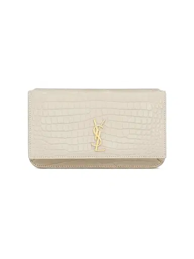 Saint Laurent Women's Cassandre Phone Holder in Shiny Crocodile-Embossed Leather - Blanc Vintage | Thumbnail 3