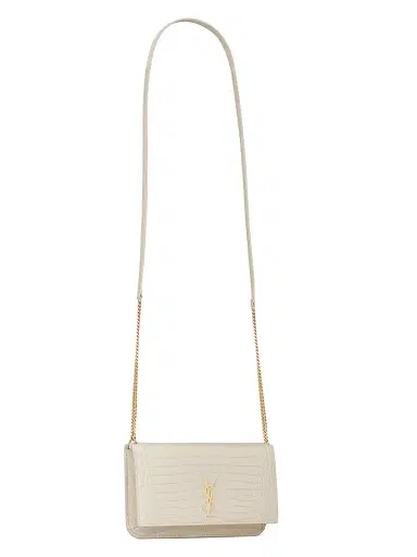 Saint Laurent Women's Cassandre Phone Holder in Shiny Crocodile-Embossed Leather - Blanc Vintage | Thumbnail 5
