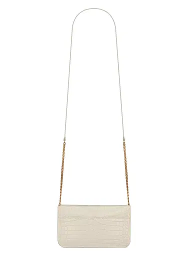 Saint Laurent Women's Cassandre Phone Holder in Shiny Crocodile-Embossed Leather - Blanc Vintage | Thumbnail 6