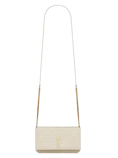 Saint Laurent Women's Cassandre Phone Holder in Shiny Crocodile-Embossed Leather - Blanc Vintage | Thumbnail 1