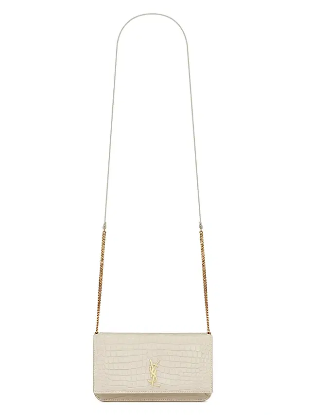 Saint Laurent Women's Cassandre Phone Holder in Shiny Crocodile-Embossed Leather - Blanc Vintage