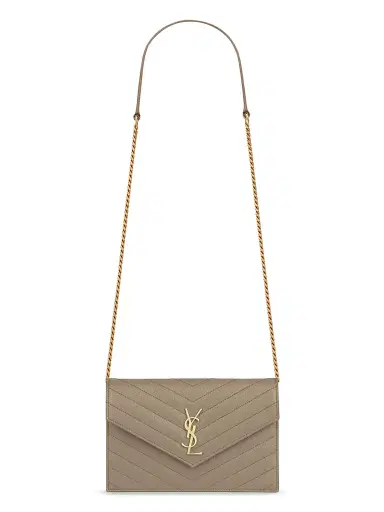 Saint Laurent Women's Cassandre Envelope Chain Wallet in Grain De Poudre Leather - Light Taupe | Thumbnail 1