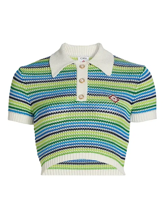 Women's Open-Knit Striped Crop Polo Shirt - Stripe
