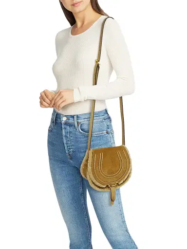 Chloé Women's Marcie Shearling-Trimmed Suede Saddle Bag - Summery Beige | Thumbnail 2 Chloé Women's Marcie Shearling-Trimmed Suede Saddle Bag - Summery Beige | Thumbnail 2