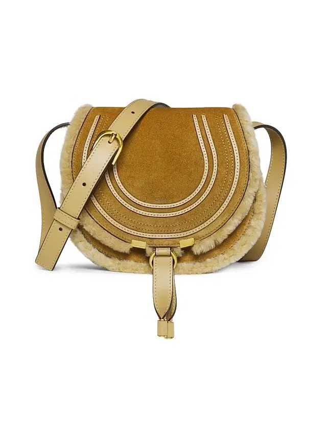 Women's  Marcie Shearling-Trimmed Suede Saddle Bag - Summery Beige