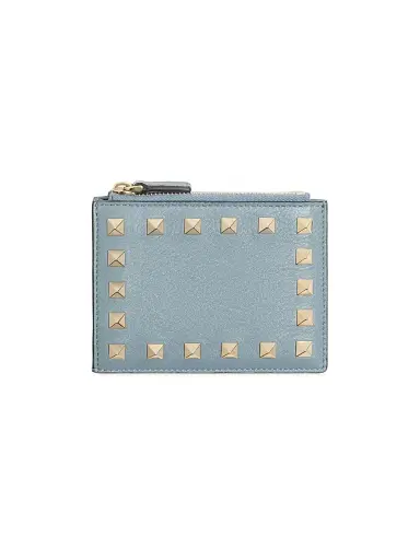 Valentino Garavani Women's Rockstud Grainy Calfskin Cardholder with Zipper - Stone | Thumbnail 1