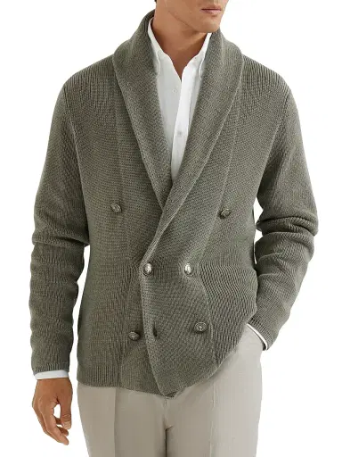 Brunello Cucinelli Men's Cotton Half English Rib Cardigan with Metal Buttons - Khaki - Size 42 | Thumbnail 2