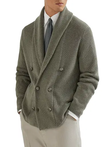 Brunello Cucinelli Men's Cotton Half English Rib Cardigan with Metal Buttons - Khaki - Size 42 | Thumbnail 5