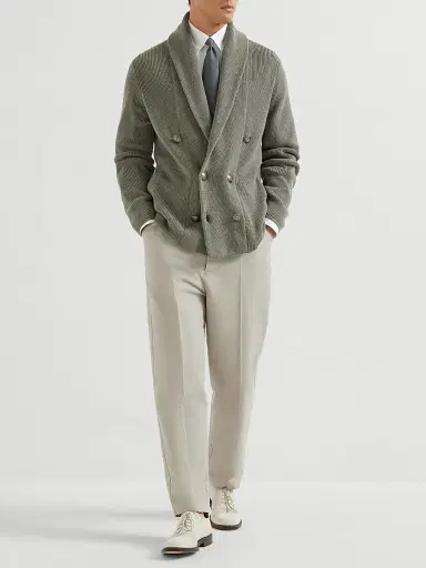 Brunello Cucinelli Men's Cotton Half English Rib Cardigan with Metal Buttons - Khaki - Size 42 | Thumbnail 6