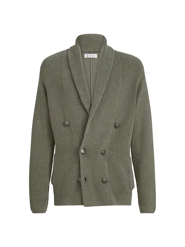 Brunello Cucinelli Men's Cotton Half English Rib Cardigan with Metal Buttons - Khaki