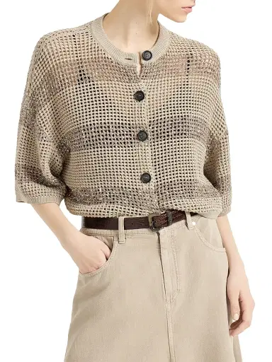 Brunello Cucinelli Women's Cotton Net Cropped Cardigan with Dazzling Stripes - Sand | Thumbnail 2