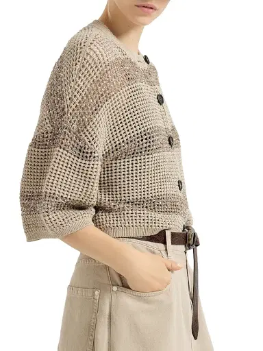 Brunello Cucinelli Women's Cotton Net Cropped Cardigan with Dazzling Stripes - Sand | Thumbnail 3