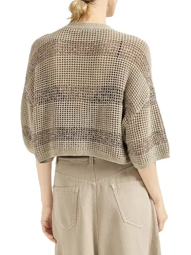 Brunello Cucinelli Women's Cotton Net Cropped Cardigan with Dazzling Stripes - Sand | Thumbnail 4