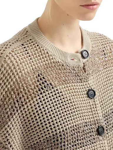 Brunello Cucinelli Women's Cotton Net Cropped Cardigan with Dazzling Stripes - Sand | Thumbnail 5