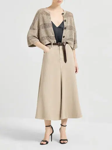 Brunello Cucinelli Women's Cotton Net Cropped Cardigan with Dazzling Stripes - Sand | Thumbnail 6