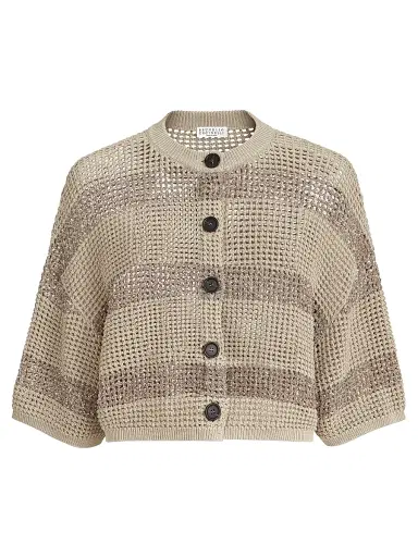 Brunello Cucinelli Women's Cotton Net Cropped Cardigan with Dazzling Stripes - Sand | Thumbnail 1