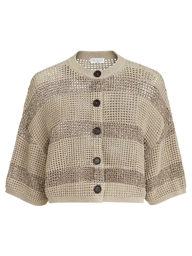 Women's Cotton Net Cropped Cardigan with Dazzling Stripes - Sand