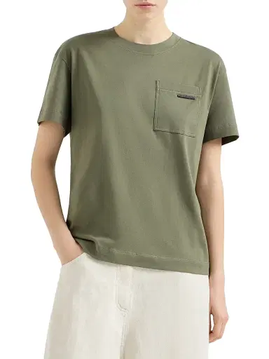 Brunello Cucinelli Women's Cotton Jersey T-Shirt with Shiny Tab | Thumbnail 2 Brunello Cucinelli Women's Cotton Jersey T-Shirt with Shiny Tab | Thumbnail 2